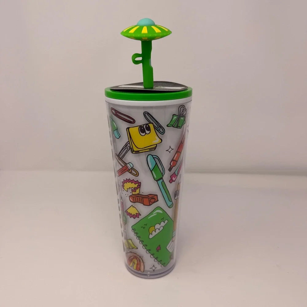 Starbucks Mexico 2024 Doodle Vibe Robot‎ Tumbler 24oz Venti UFO Straw Topper NWT